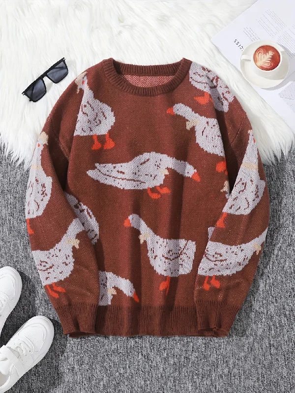 Mens Long Sleeve Cartoon Goose Pattern Crew Neck Sweater - Soft Slight Stretch Polyester Fabric, Regular Fit, Hand Washable - Perfect for Casual Daily Wear in Spring and Fall Sweater Knitwear Pullover