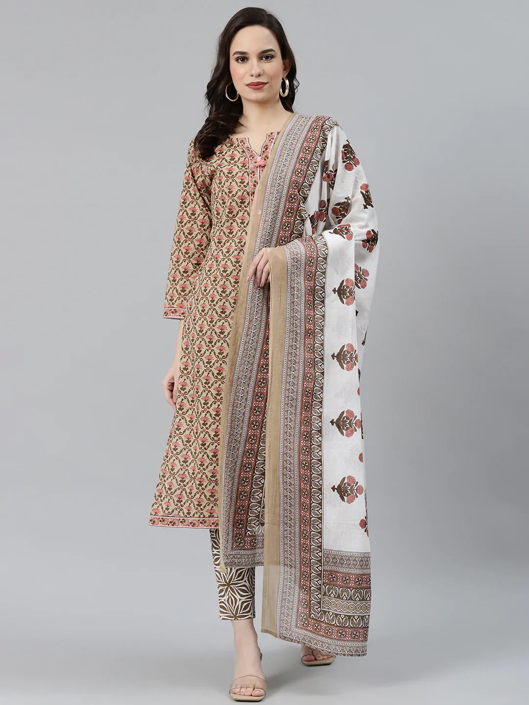 Women Beige & Pink Block Print Pure Cotton Kurta With Trousers & Dupatta - Rasiya Trousers Winter Warm Women Beige & Pink Block Print Pure Cotton Kurta With Trousers & Dupatta - Rasiya Trousers Winter Warm