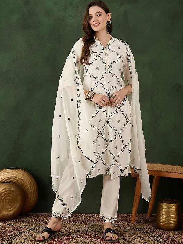 Sangria Embroidered Kurta & Trouser With Dupatta Trousers Timeless Classic