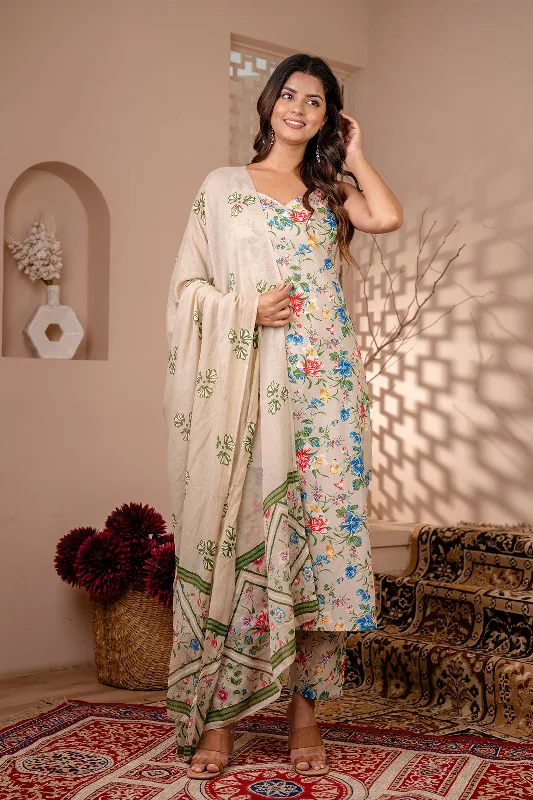 Women Beige Floral Printed Straight Kurta With Trouser And Dupatta - Rasiya Trousers trendy modern Women Beige Floral Printed Straight Kurta With Trouser And Dupatta - Rasiya Trousers trendy modern