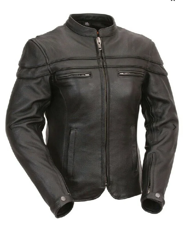 Maiden - Ladies  Motorcycle Leather Jacket FIL162NTZC Chenille Fabric Brocade Fabric Lace Fabric