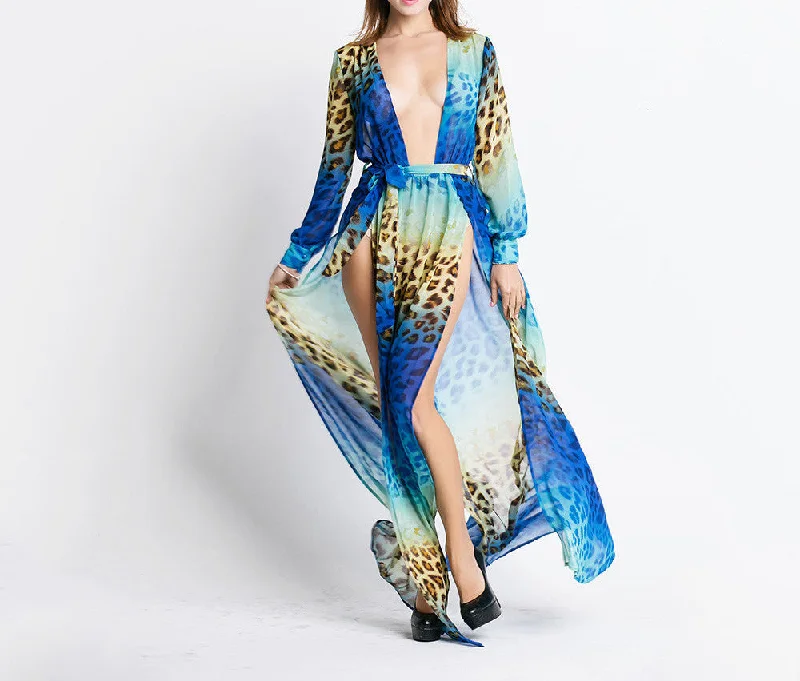 Missord V-neck Long Sleeve split printing dress beach dress FT2294-2
