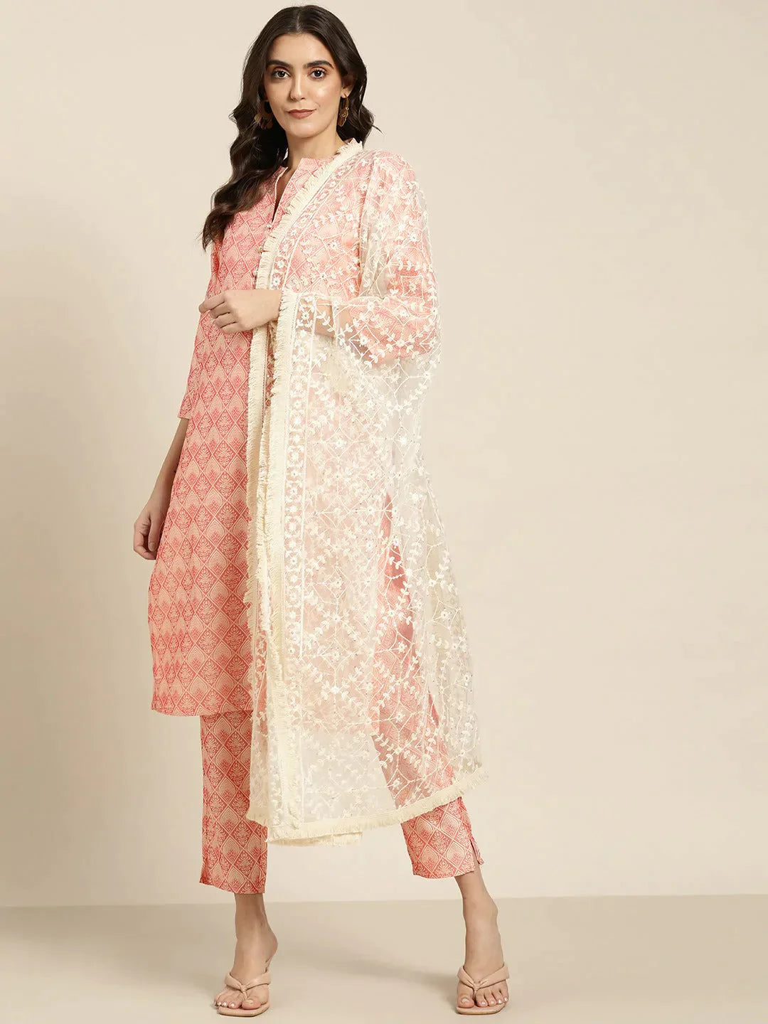 Women Jacquard Woven Design Straight Kurta Trousers & Chikankari Dupatta Pink - Rasiya Trousers Recommended Stylist Women Jacquard Woven Design Straight Kurta Trousers & Chikankari Dupatta Pink - Rasiya Trousers Recommended Stylist