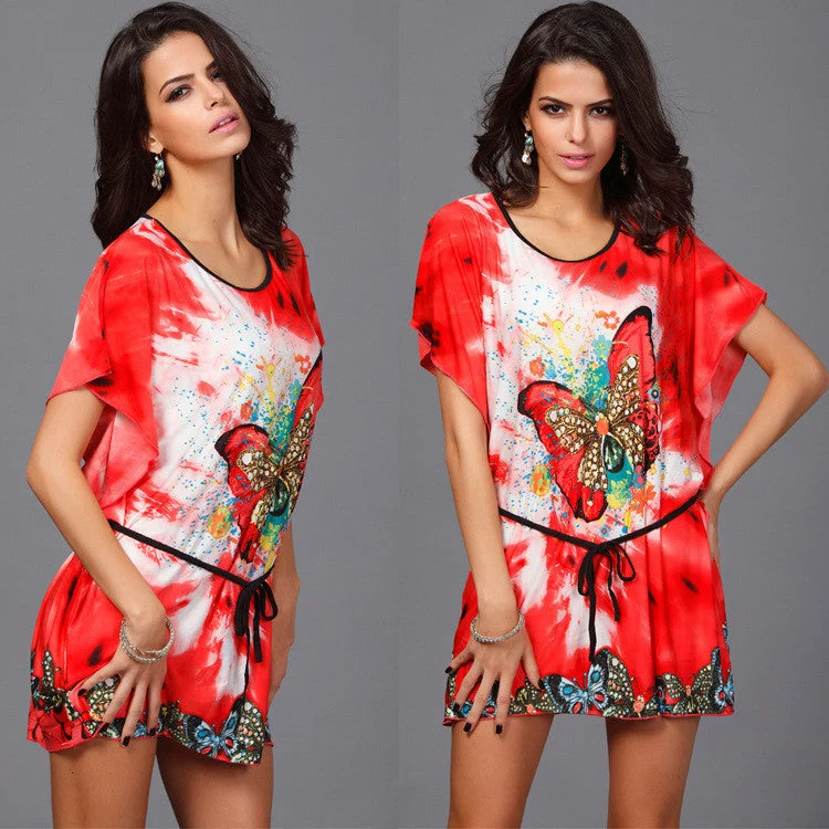 Plus size summer dress Women Retro Loose Ethnic Print Boho Skater Batwing silk short sleeve tunics vintage bohemian dress Plus size summer dress Women Retro Loose Ethnic Print Boho Skater Batwing silk short sleeve tunics vintage bohemian dress