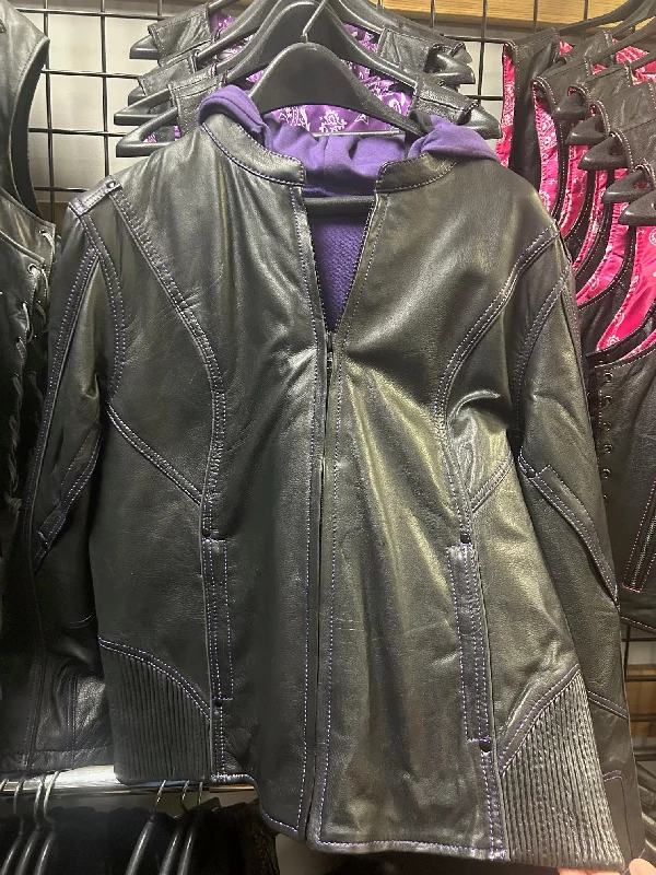 Ladies leather jacket with purple hoody Herringbone Jacket Houndstooth Jacket Plaid Jacket