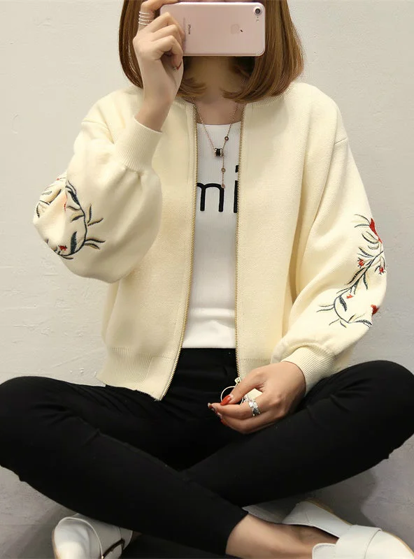 Women Embroidered Sweater Long Sleeve Zipper Cardigan Coat Mesh Cardigan Canvas Denim