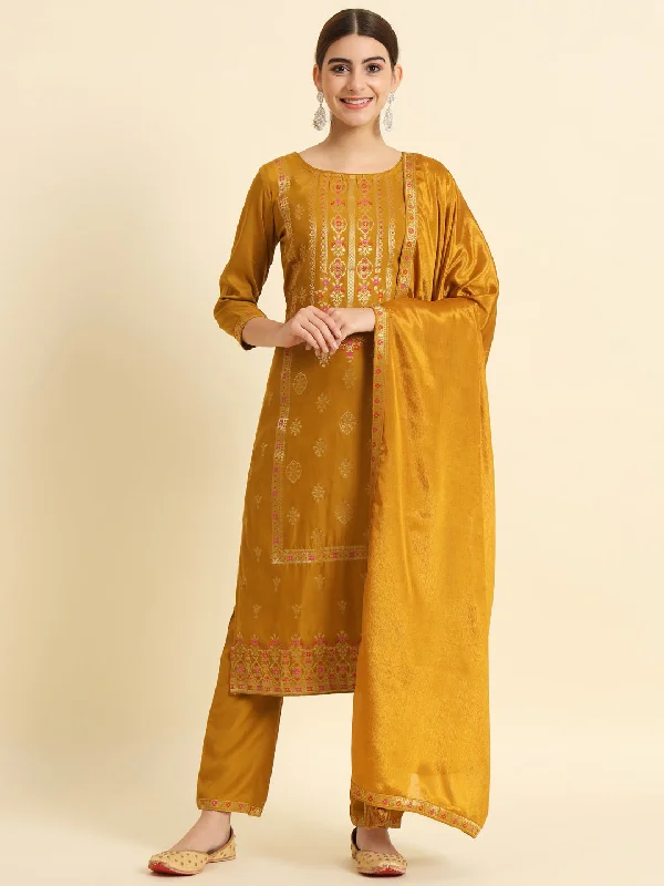 Women Round Neck Gold Zari Woven Fabric Kurta Trouser And Dupatta Set - Taantav Trousers Prom Sequined