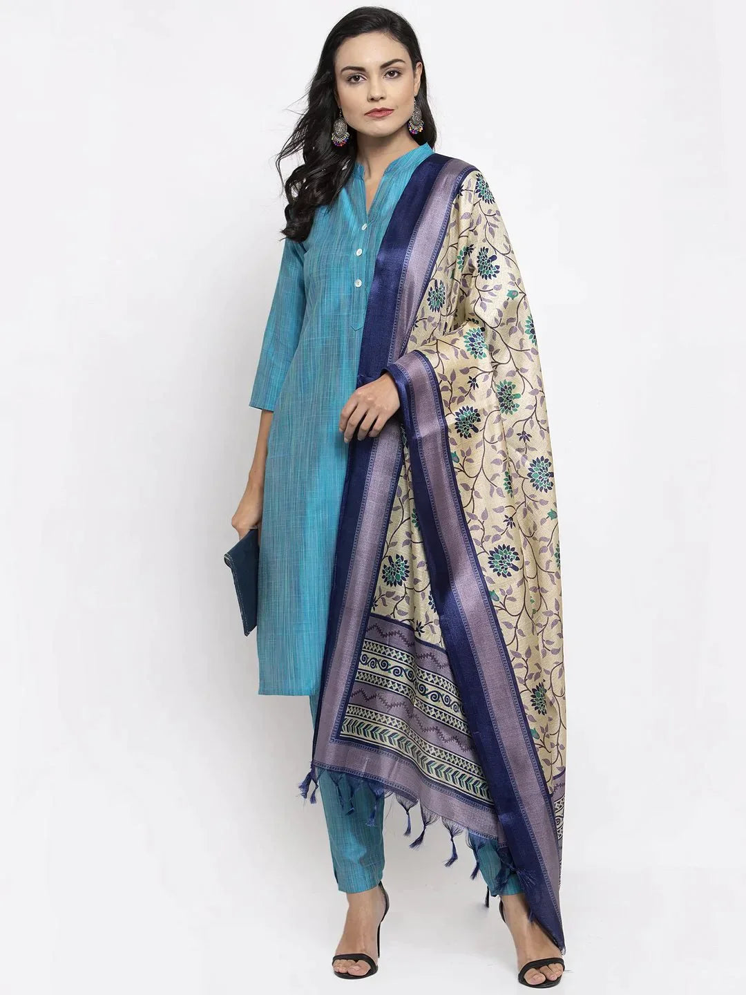 Women Blue & Green Self-Striped Kurta With Trousers & Printed Dupatta - Rasiya Trousers Favorite Customer Women Blue & Green Self-Striped Kurta With Trousers & Printed Dupatta - Rasiya Trousers Favorite Customer