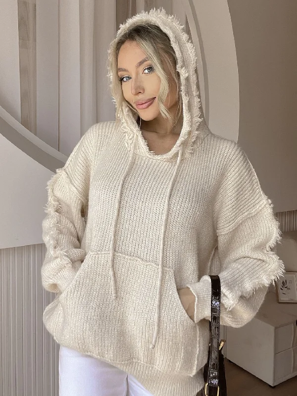 Hazel Blues® | Drawstring Fringe Hem Long Sleeve Hooded Sweater Chenille Fabric Brocade Fabric Lace Fabric Hazel Blues® | Drawstring Fringe Hem Long Sleeve Hooded Sweater Chenille Fabric Brocade Fabric Lace Fabric