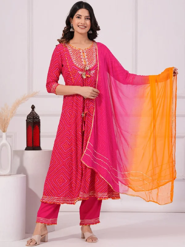 Bandhani Printed Anarkali Kurta with Trousers & Dupatta (Pink) - Rasiya Trousers New Arrival Bandhani Printed Anarkali Kurta with Trousers & Dupatta (Pink) - Rasiya Trousers New Arrival