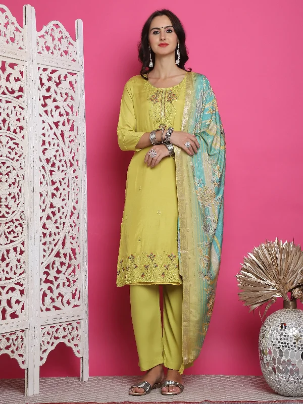Jyoti Fashion Women's Lemon Yellow Muslin Floral Resham Embroidery Kurta with Trouser & Dupatta Trousers High Rise Slim Fit Jyoti Fashion Women's Lemon Yellow Muslin Floral Resham Embroidery Kurta with Trouser & Dupatta Trousers High Rise Slim Fit