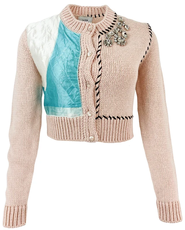 ERDEM Applique Cropped Long Sleeve Cardigan in Ballet Pink Collared Crew Neck Turtle Neck ERDEM Applique Cropped Long Sleeve Cardigan in Ballet Pink Collared Crew Neck Turtle Neck
