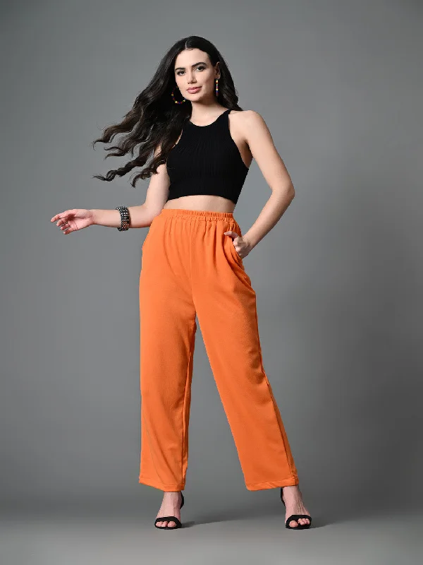 Myshka Women's Solid Ribbed High-Rise Wide Leg Casual Trousers in Orange Color Trousers Exclusive Limited Myshka Women's Solid Ribbed High-Rise Wide Leg Casual Trousers in Orange Color Trousers Exclusive Limited