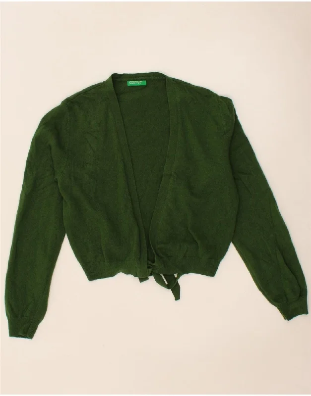 BENETTON Womens Crop Cardigan Sweater UK 10 Small Green Virgin Wool Fitted Slim Tailored