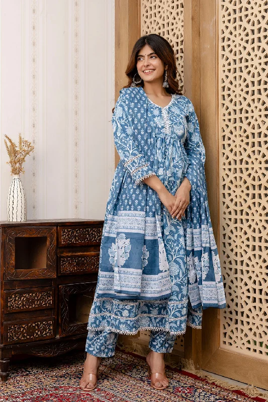 Women Blue Floral Printed Anarkali Kurta And Trouser With Dupatta - Rasiya Trousers Canvas Durable Women Blue Floral Printed Anarkali Kurta And Trouser With Dupatta - Rasiya Trousers Canvas Durable