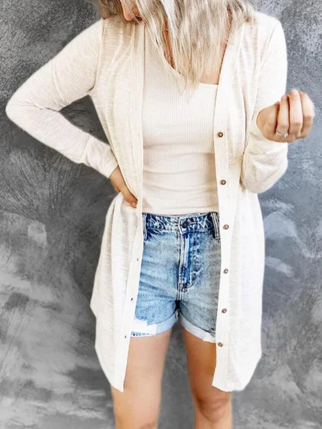 Women Casual Fashion Single-breasted Cardigan Solid Color Round Neck Long Cardigan Soft Cozy Warm