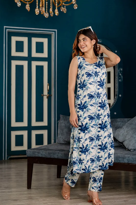 Women Blue and Off White Printed Straight Kurta With Trouser - Rasiya Wide Leg Loose Fit Mid Waist Women Blue and Off White Printed Straight Kurta With Trouser - Rasiya Wide Leg Loose Fit Mid Waist