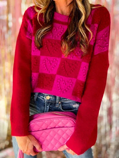 Hazel Blues® | Plaid Heart Round Neck Sweater Front Pockets Side Pockets Patch Pockets Hazel Blues® | Plaid Heart Round Neck Sweater Front Pockets Side Pockets Patch Pockets