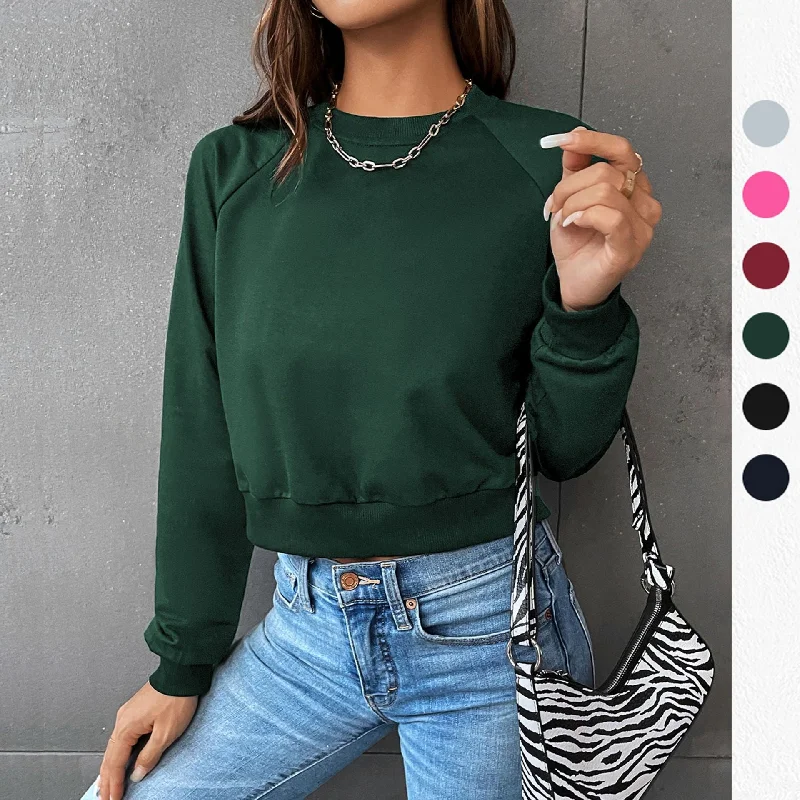 IKEARLAX popular New Early Autumn Casual Sports Rough Sleeve Top Hot Trade Color Matching Short Navel Crew Neck Pullover Sweater Welt Pockets Slit Pockets Flap Pockets