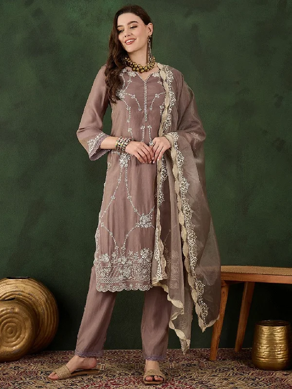 Sangria Floral Embroidered Mirror Work Straight Kurta, Trouser & Dupatta Set Trousers Fall Fleece