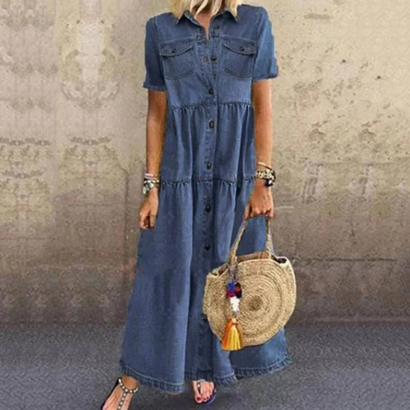 Denim Style Long Multi-buckle Distressed Dress +