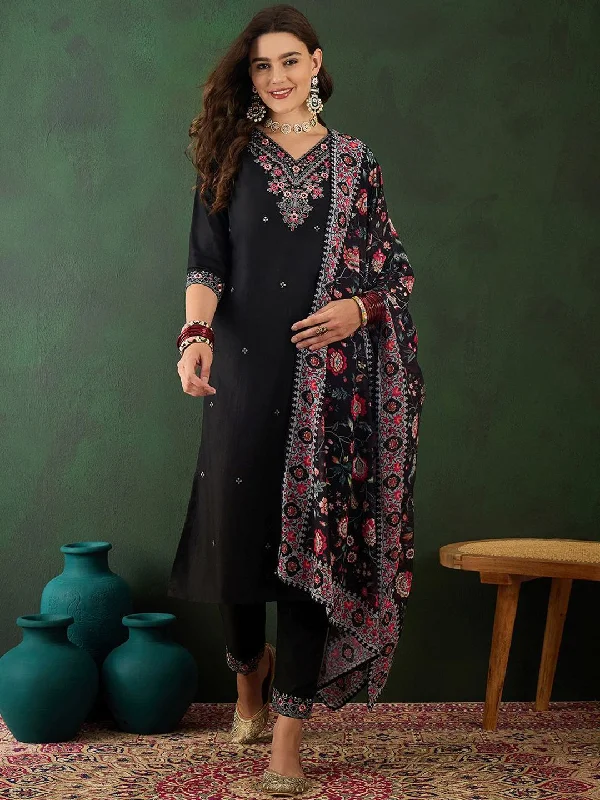 Sangria Floral Embroidered Sequinned Kurta with Trousers & Dupatta Trousers Leather Faux