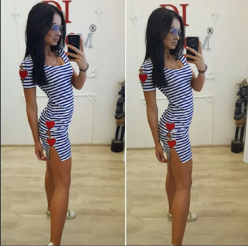 Women black white stripe Casual dress Split Fashion Long Party Club female Clothes Harajuku