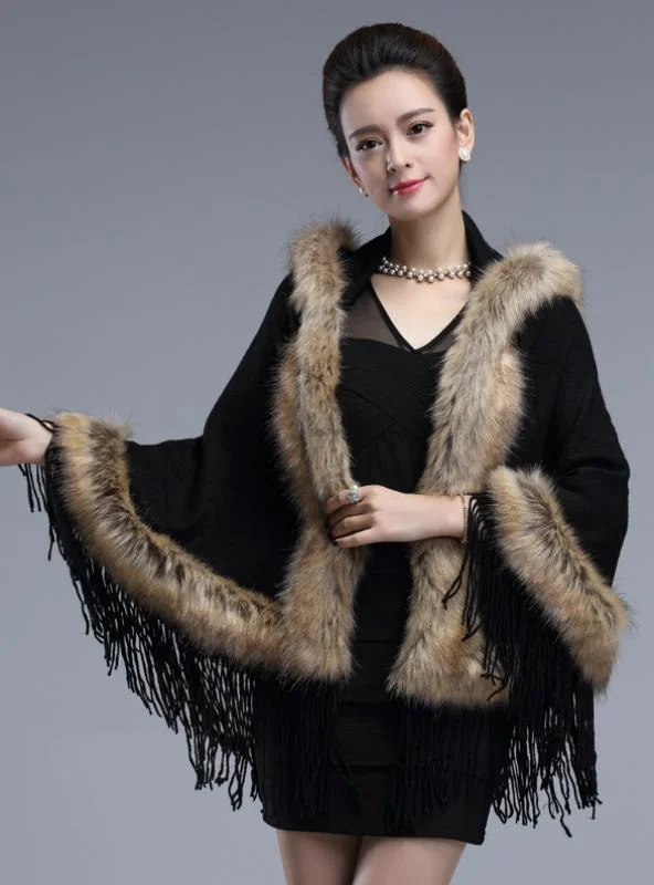 WOMEN HAT FRINGED FUR CLOAK TASSELS CARDIGAN Wool Fabric Cashmere Fabric Tweed Fabric