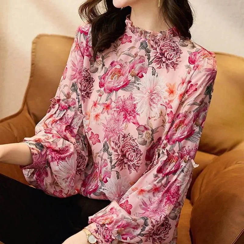 Spring Summer Elegant Fashion Ruffled Floral Print Lantern Long Sleeve Chiffon Shirt Top Ladies Temperament Wild Pullover Blouse S4842928 Polo Neck Sweater Spring Summer Elegant Fashion Ruffled Floral Print Lantern Long Sleeve Chiffon Shirt Top Ladies Temperament Wild Pullover Blouse S4842928 Polo Neck Sweater