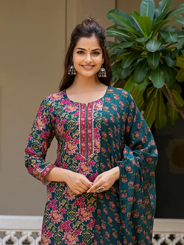 Women's Green Rayon Blend Floral Printed Straight Kurta Trouser With Dupatta - Ahika Trousers Fall Fleece Women's Green Rayon Blend Floral Printed Straight Kurta Trouser With Dupatta - Ahika Trousers Fall Fleece