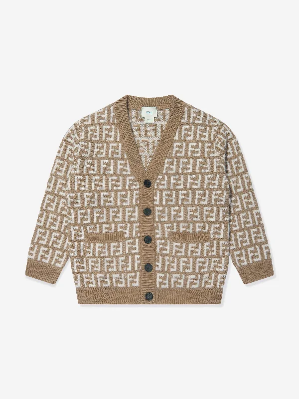 Fendi Kids Knitted FF Logo Cardigan in Beige Cotton Fabric Linen Fabric Terry Fabric Fendi Kids Knitted FF Logo Cardigan in Beige Cotton Fabric Linen Fabric Terry Fabric