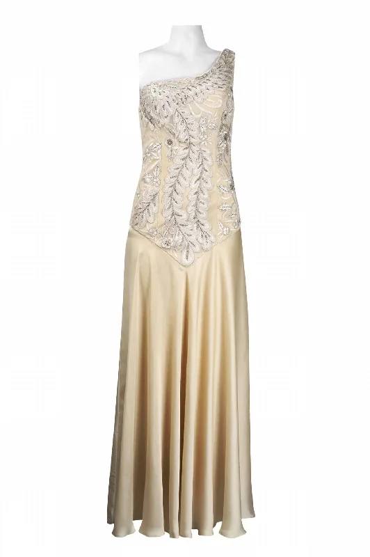 Floral Embroidered Dress In Antique Champagne