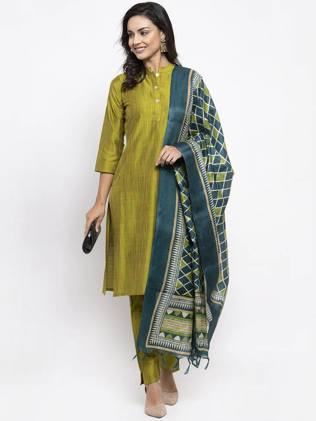 Women Green Self-Striped Kurta With Trousers & Art Silk Dupatta - Rasiya Trousers sophisticated sleek Women Green Self-Striped Kurta With Trousers & Art Silk Dupatta - Rasiya Trousers sophisticated sleek