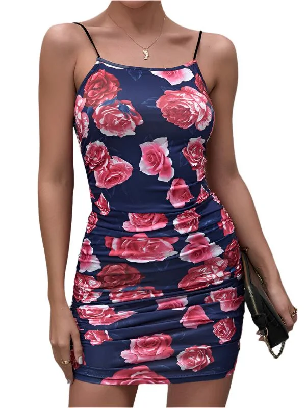 Women's Shattered Printing Wrinkle Sexy Bag Hip Camisole Dress +