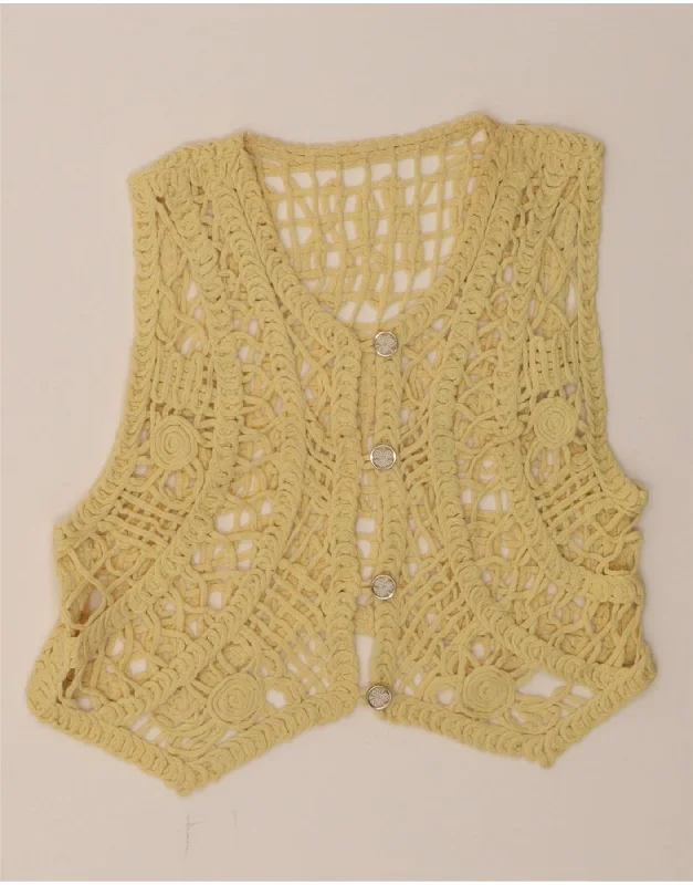 VINTAGE Womens Sleeveless Crochet Cardigan Top UK 14 Medium Yellow Toggled Drawstring Belted VINTAGE Womens Sleeveless Crochet Cardigan Top UK 14 Medium Yellow Toggled Drawstring Belted