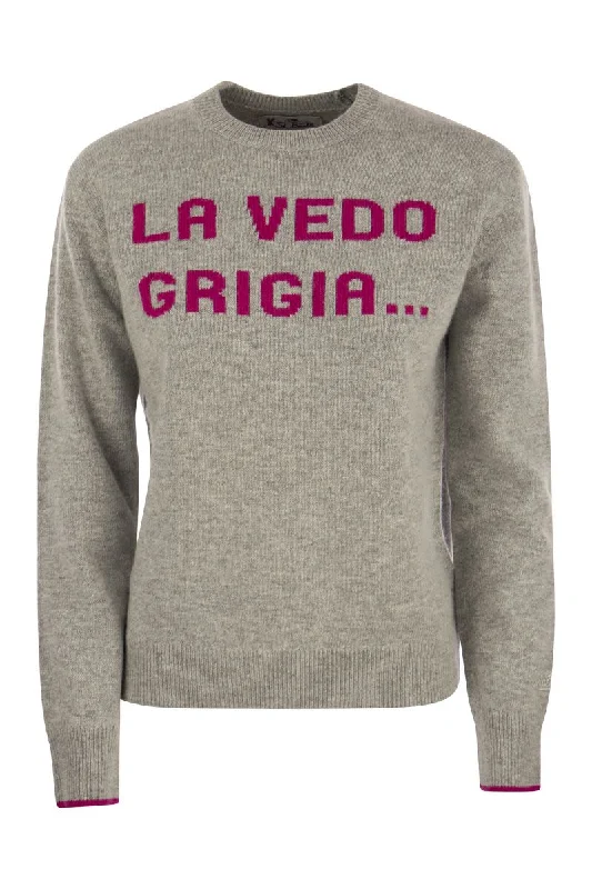 Wool and cashmere blend jumper with LA VEDO GRIGIA embroidery Fitted Slim Tailored