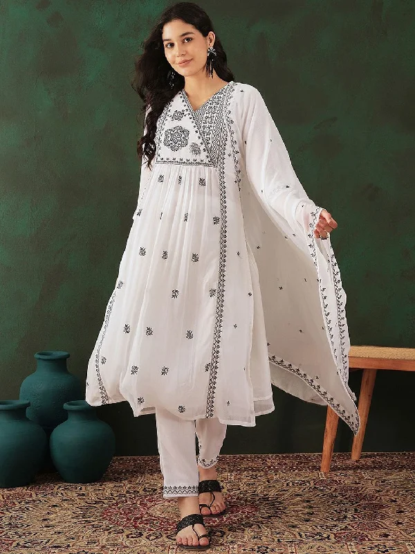 Sangria Floral Embroidered A Line Kurta With Trouser & Dupatta Trousers Flared Retro