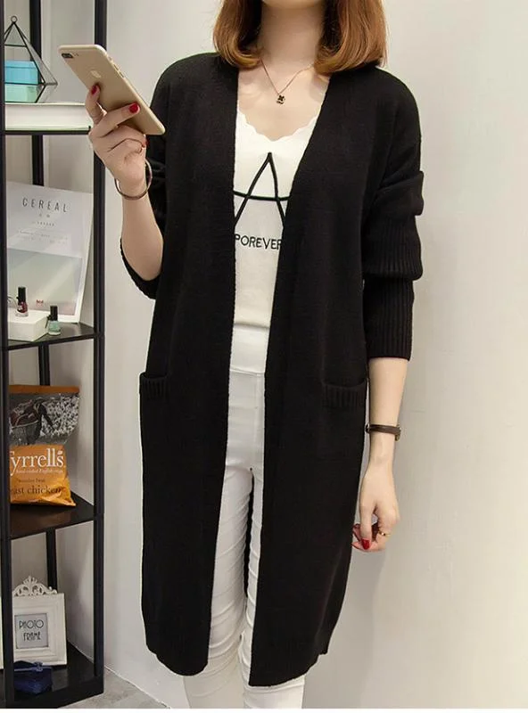 Women Long Cardigan Pockets Loose Solid Knit Sweater Collared Crew Neck Turtle Neck