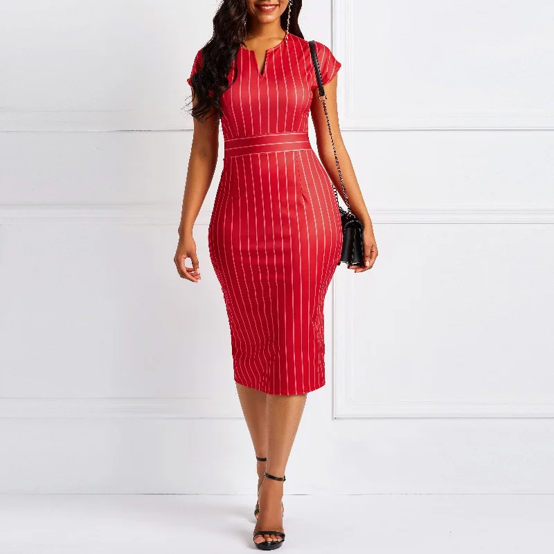 Formal Striped Dress High Waist Chic Dress +