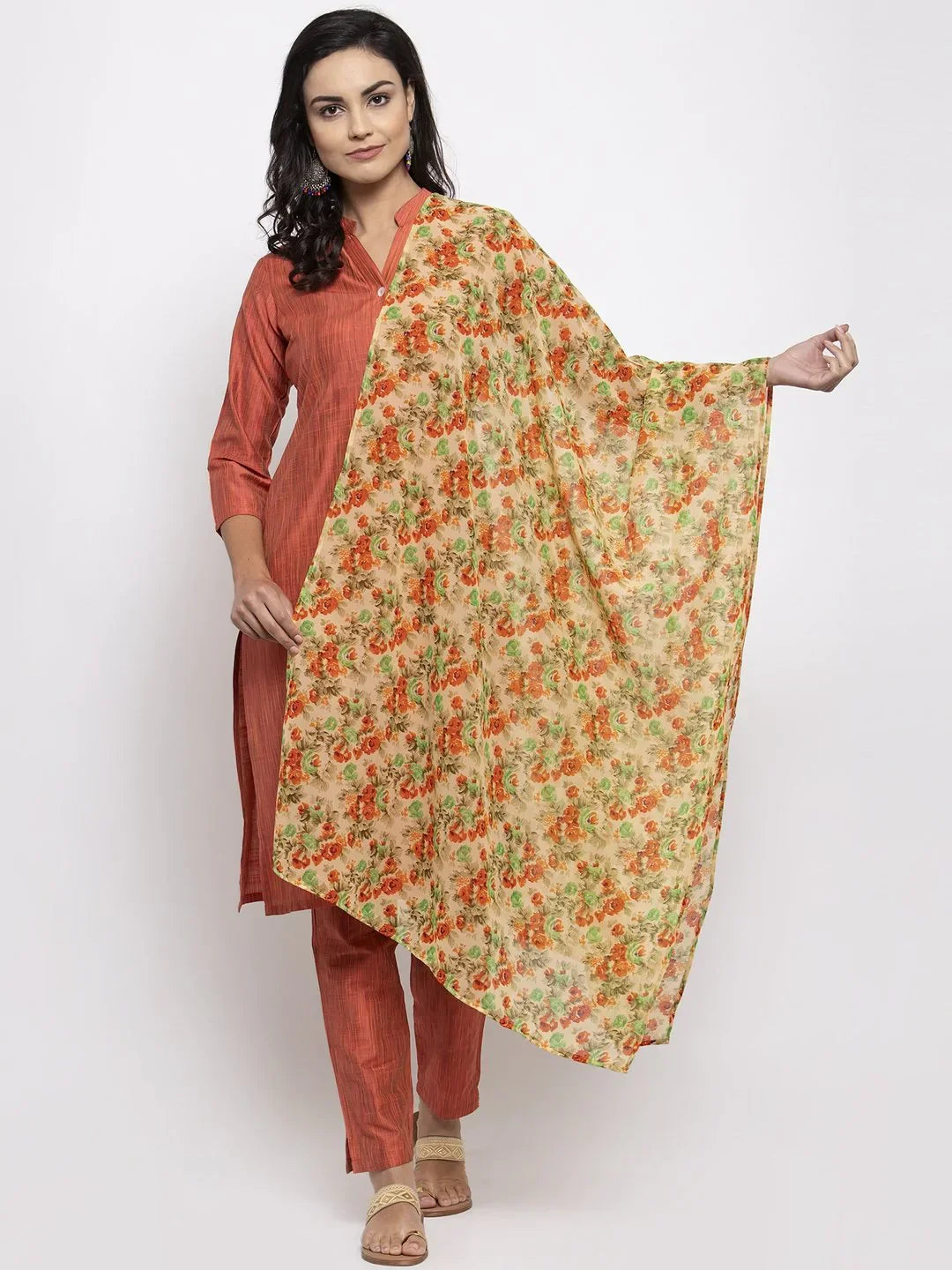 Women Orange Self-Striped Kurta With Trousers & Floal Georgette Dupatta - Rasiya Trousers chic fashionable Women Orange Self-Striped Kurta With Trousers & Floal Georgette Dupatta - Rasiya Trousers chic fashionable
