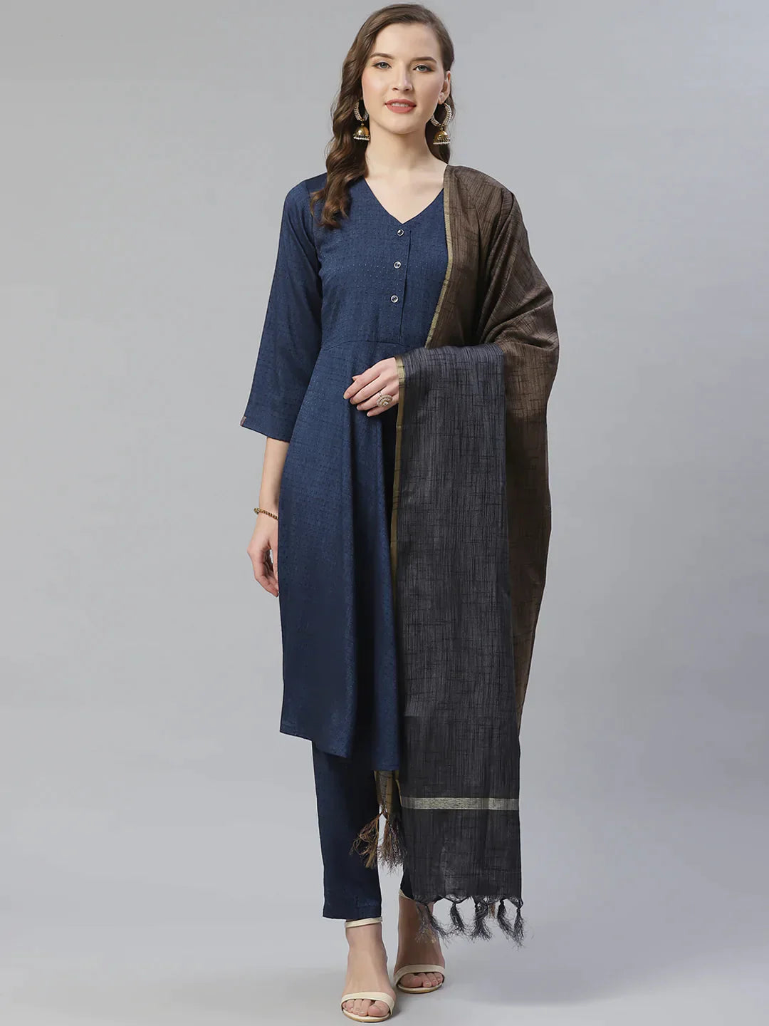 Women Navy Blue & Charcoal Grey Self Design Kurta With Trousers & Dupatta - Rasiya Trousers Yoga Stretchy Women Navy Blue & Charcoal Grey Self Design Kurta With Trousers & Dupatta - Rasiya Trousers Yoga Stretchy