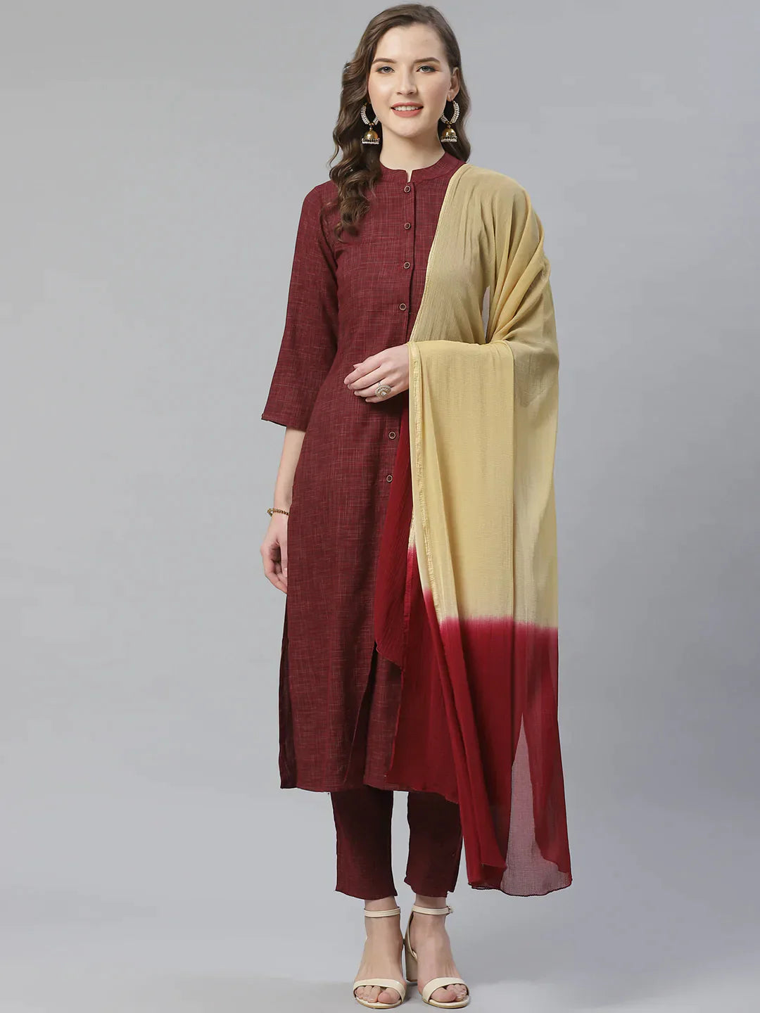 Women Burgundy & Beige Self Checked Kurta With Trousers & Dupatta - Rasiya Trousers Party Sparkling Women Burgundy & Beige Self Checked Kurta With Trousers & Dupatta - Rasiya Trousers Party Sparkling
