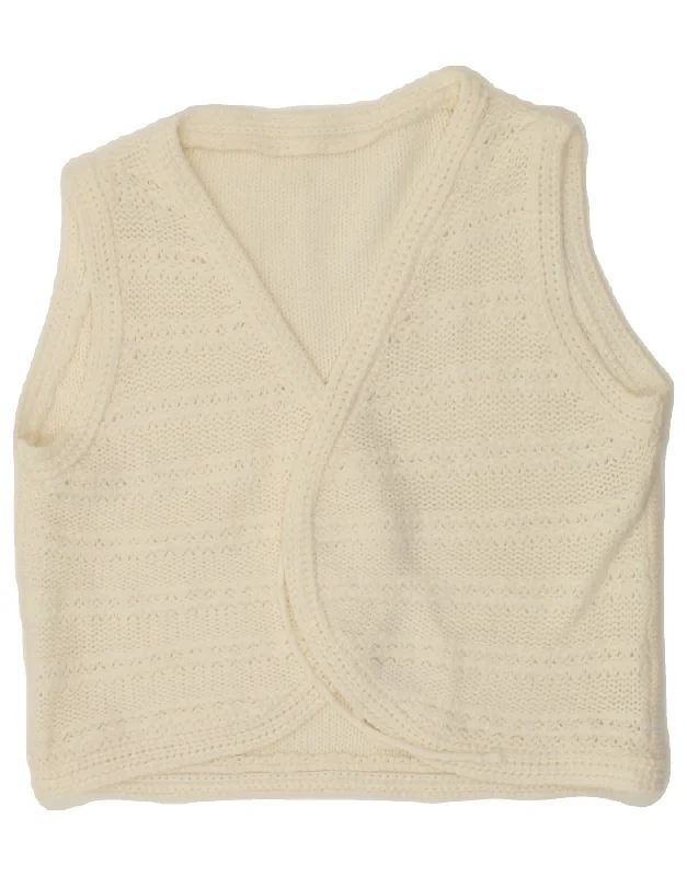 VINTAGE Womens Crop Sleeveless Cardigan Sweater UK 14 Medium White Cable Knit Ribbed Knit Lace Knit