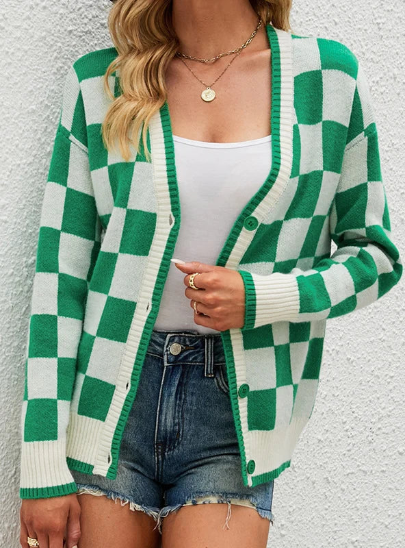 PLAID COLOR MATCHING CARDIGAN SWEATER Layered Multi-layer Single Layer