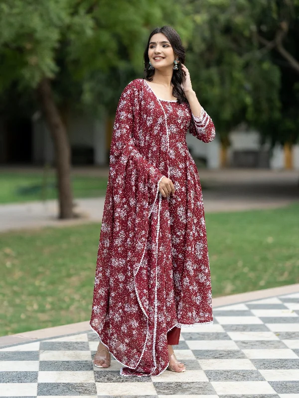 Women's Floral Printed Georgette Empire Kurta With Trousers & Dupatta - Aspora Trousers Bootcut Casual Women's Floral Printed Georgette Empire Kurta With Trousers & Dupatta - Aspora Trousers Bootcut Casual