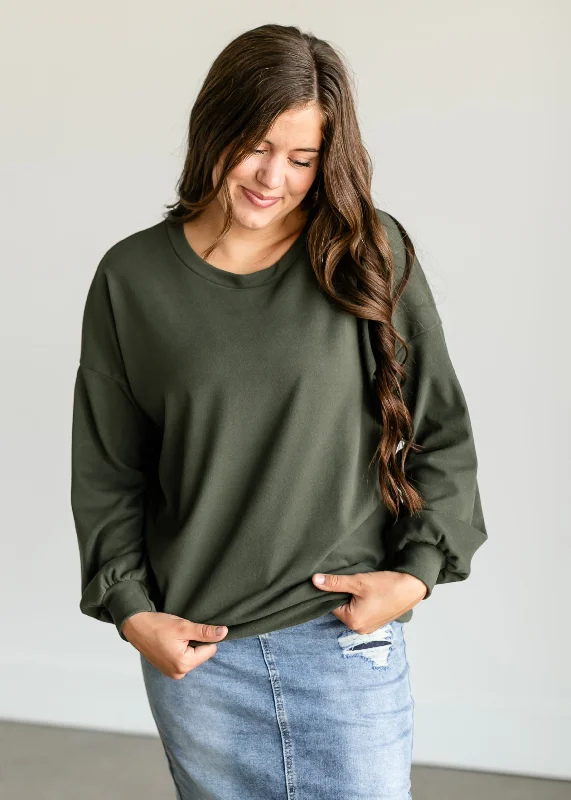 Olive Soft Crewneck Pullover Top - FINAL SALE Set Sleeve Pullover