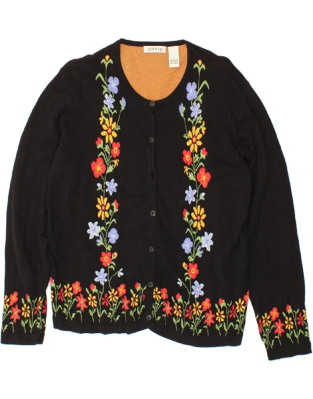 ORVIS Womens Graphic Cardigan Sweater UK 14 Large Black Floral Cotton Bright Pastel Dark