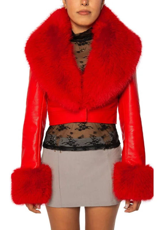 GISELE CROP FAUX FUR AND LEATHER JACKET Striped Jacket Polka Dot Jacket Floral Jacket GISELE CROP FAUX FUR AND LEATHER JACKET Striped Jacket Polka Dot Jacket Floral Jacket