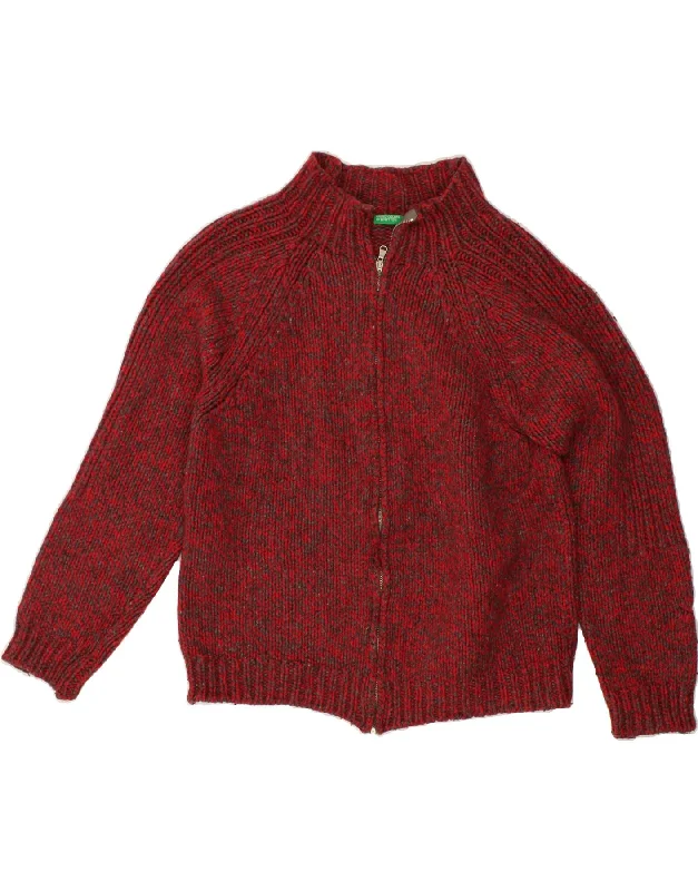 BENETTON Womens Cardigan Sweater UK 14 Medium Red Flecked Wool Collared Crew Neck Turtle Neck