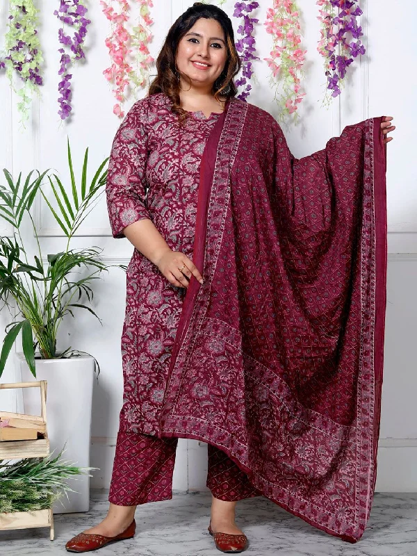 Swasti Plus Size Floral Printed Sequinned Pure Cotton Kurta With Trouser & Dupatta Trousers Top Rated